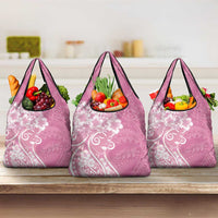 Polynesian Women's Day Grocery Bag Pink Hibiscus Flowers With Polynesian Pattern