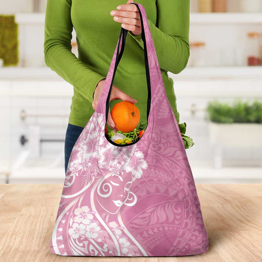 Polynesian Women's Day Grocery Bag Pink Hibiscus Flowers With Polynesian Pattern