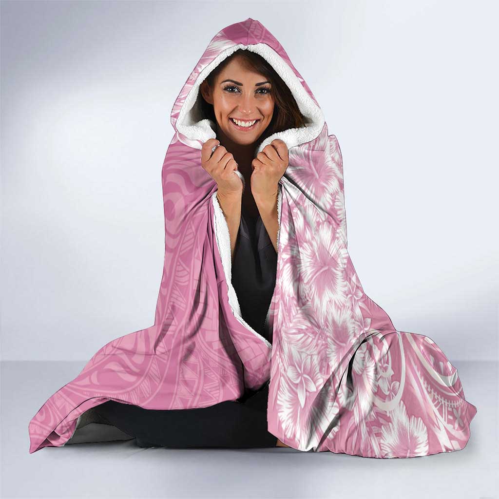 Polynesian Women's Day Hooded Blanket Pink Hibiscus Flowers With Polynesian Pattern