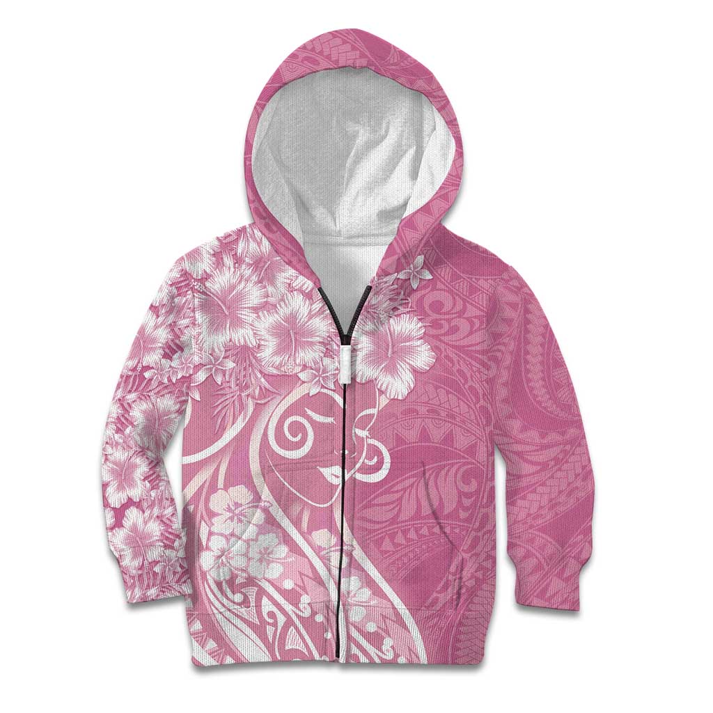 Polynesian Women's Day Kid Hoodie Pink Hibiscus Flowers With Polynesian Pattern