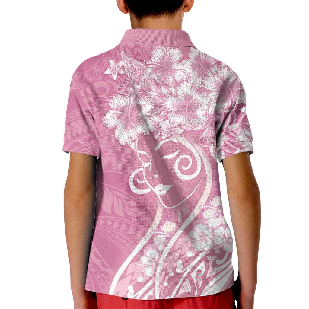 Polynesian Women's Day Kid Polo Shirt Pink Hibiscus Flowers With Polynesian Pattern