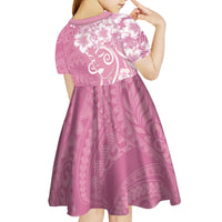 Polynesian Women's Day Kid Short Sleeve Dress Pink Hibiscus Flowers With Polynesian Pattern