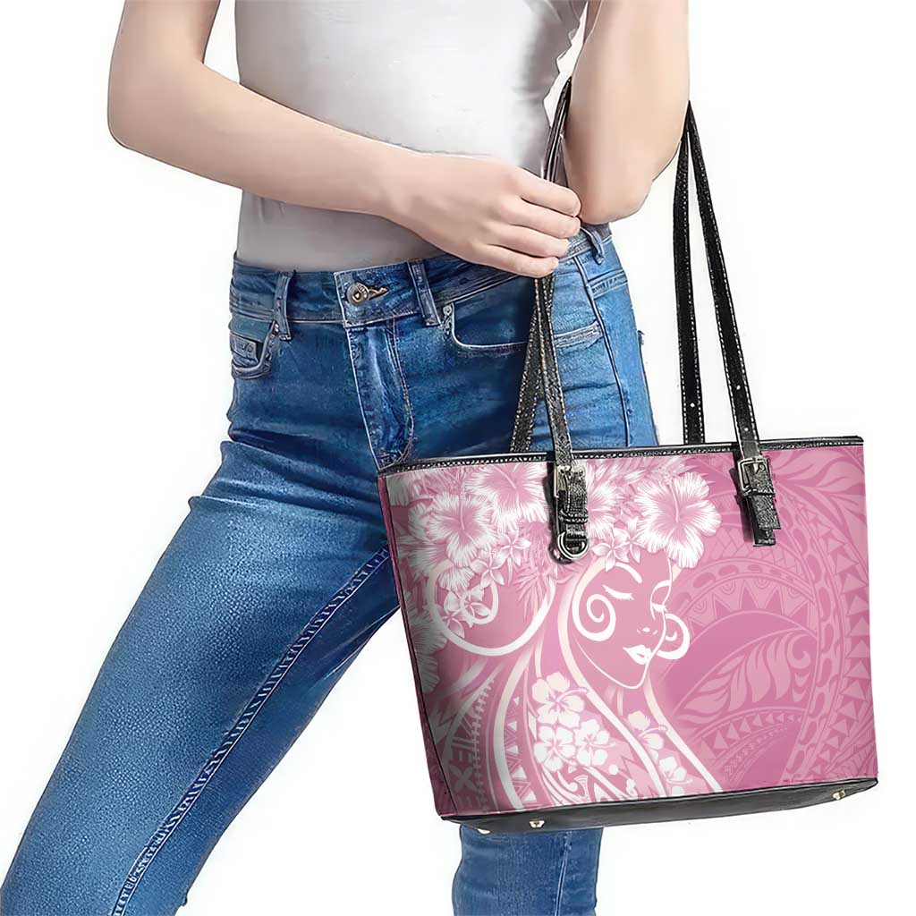 Polynesian Women's Day Leather Tote Bag Pink Hibiscus Flowers With Polynesian Pattern