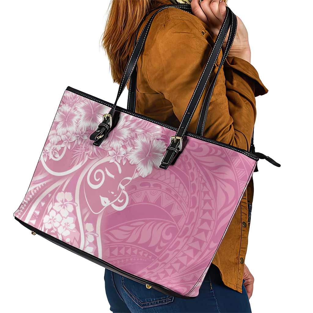 Polynesian Women's Day Leather Tote Bag Pink Hibiscus Flowers With Polynesian Pattern