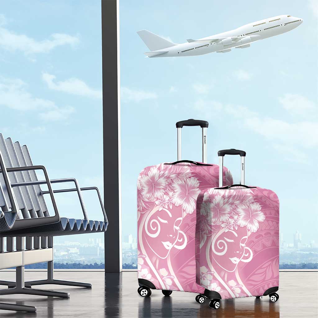 Polynesian Women's Day Luggage Cover Pink Hibiscus Flowers With Polynesian Pattern