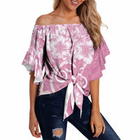 Polynesian Women's Day Off Shoulder Wrap Waist Top Pink Hibiscus Flowers With Polynesian Pattern LT05 - Polynesian Pride