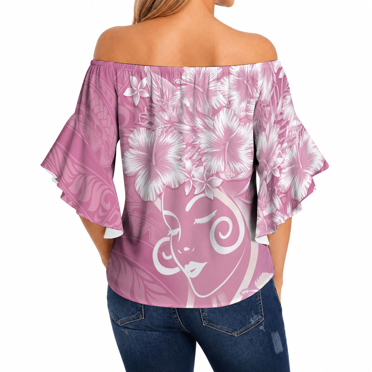 Polynesian Women's Day Off Shoulder Wrap Waist Top Pink Hibiscus Flowers With Polynesian Pattern LT05 - Polynesian Pride