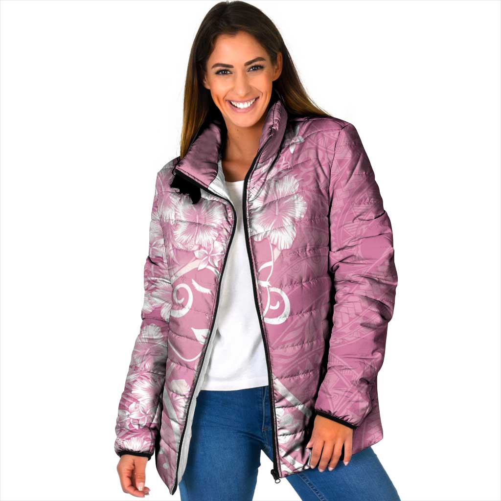 Polynesian Women's Day Padded Jacket Pink Hibiscus Flowers With Polynesian Pattern