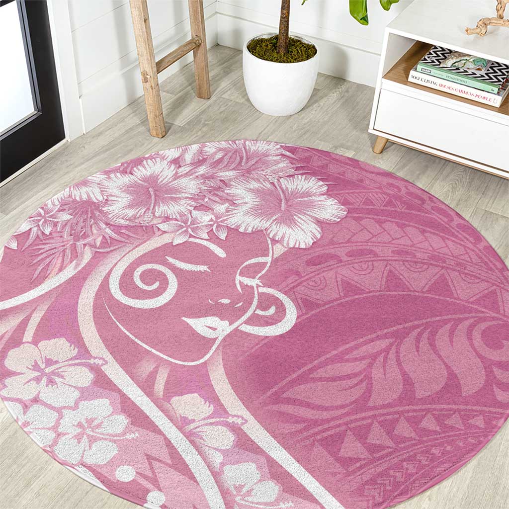Polynesian Women's Day Round Carpet Pink Hibiscus Flowers With Polynesian Pattern