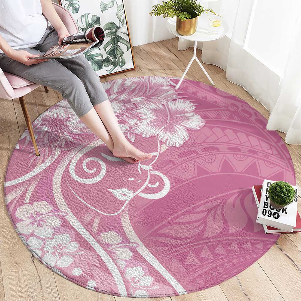 Polynesian Women's Day Round Carpet Pink Hibiscus Flowers With Polynesian Pattern