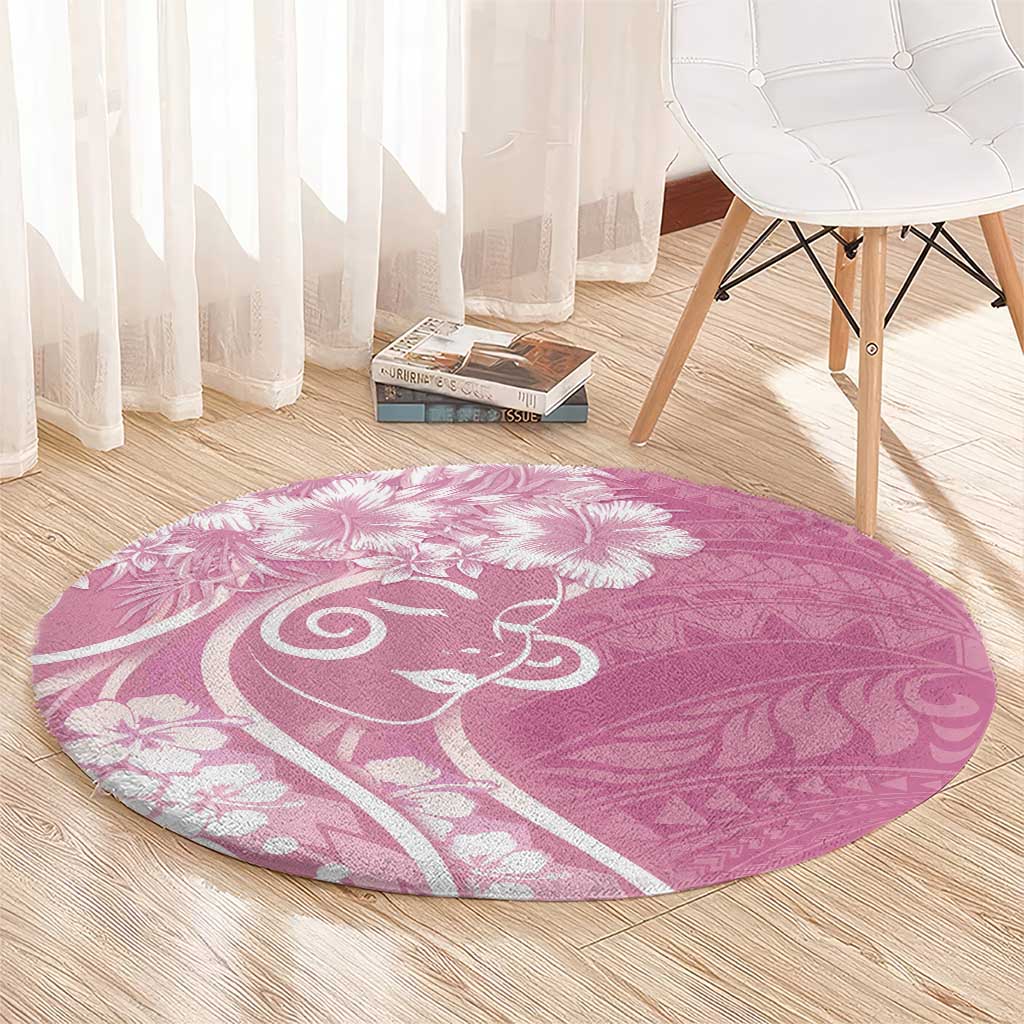 Polynesian Women's Day Round Carpet Pink Hibiscus Flowers With Polynesian Pattern