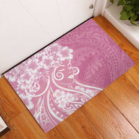 Polynesian Women's Day Rubber Doormat Pink Hibiscus Flowers With Polynesian Pattern