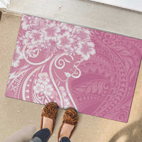 Polynesian Women's Day Rubber Doormat Pink Hibiscus Flowers With Polynesian Pattern