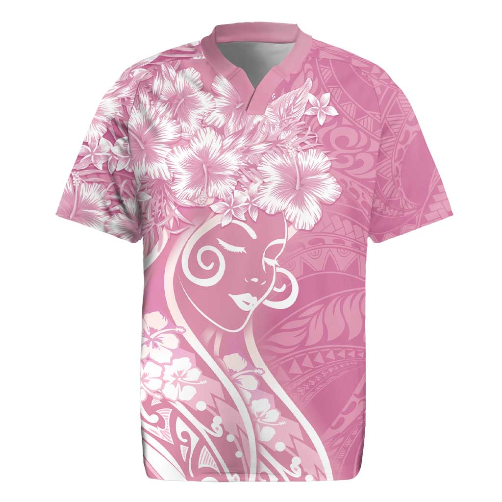 Polynesian Women's Day Rugby Jersey Pink Hibiscus Flowers With Polynesian Pattern LT05 Pink - Polynesian Pride