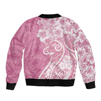 Polynesian Women's Day Sleeve Zip Bomber Jacket Pink Hibiscus Flowers With Polynesian Pattern