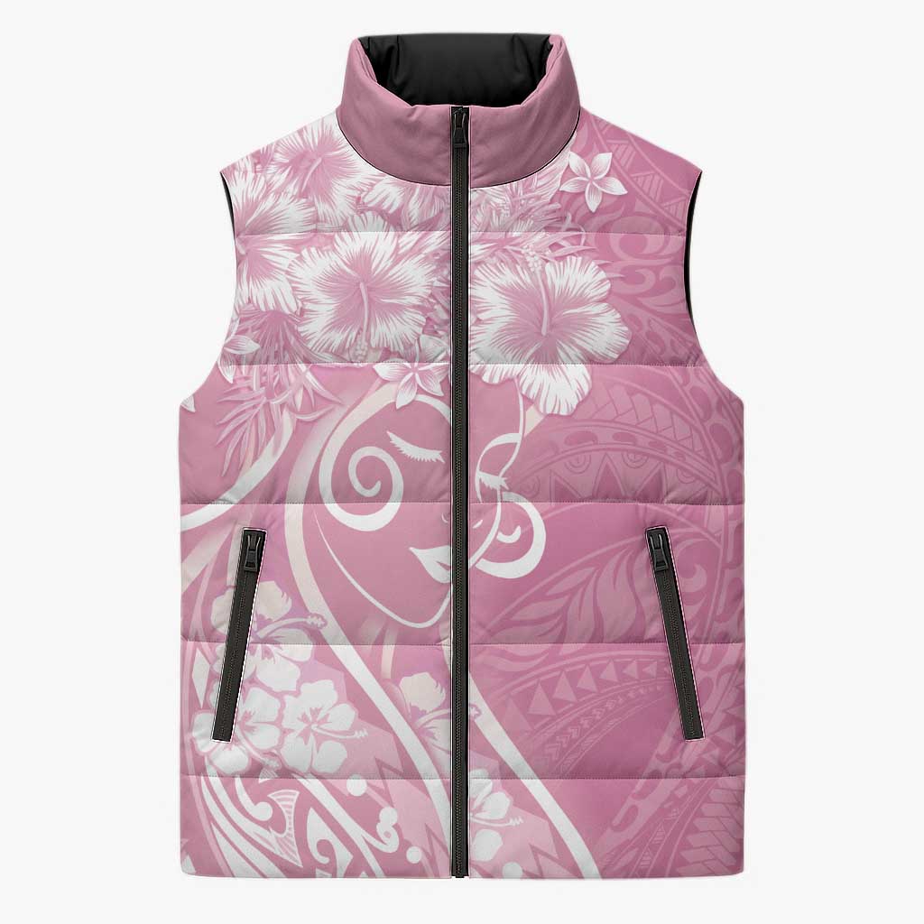 Polynesian Women's Day Sleeveless Puffer Jacket Pink Hibiscus Flowers With Polynesian Pattern