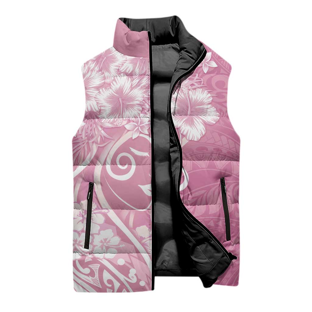 Polynesian Women's Day Sleeveless Puffer Jacket Pink Hibiscus Flowers With Polynesian Pattern