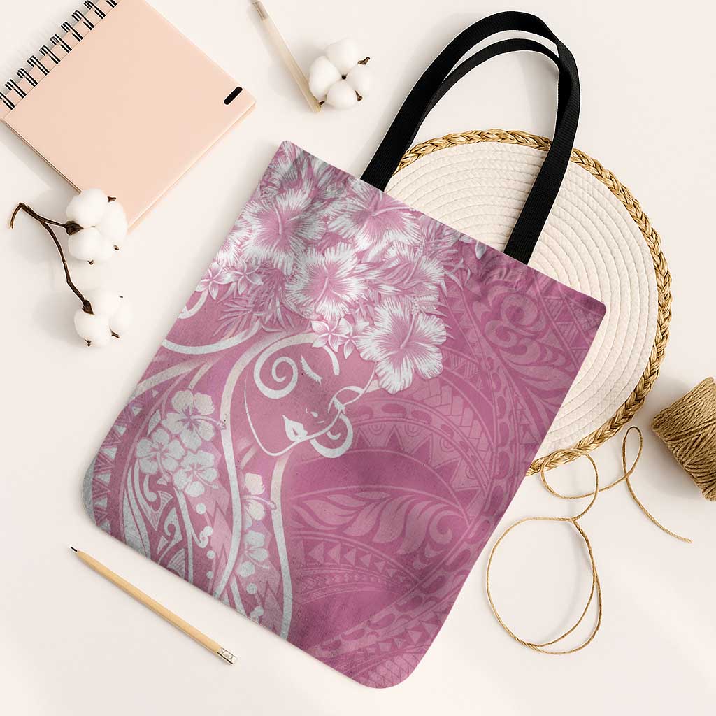 Polynesian Women's Day Tote Bag Pink Hibiscus Flowers With Polynesian Pattern