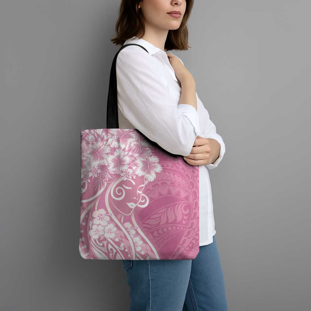 Polynesian Women's Day Tote Bag Pink Hibiscus Flowers With Polynesian Pattern