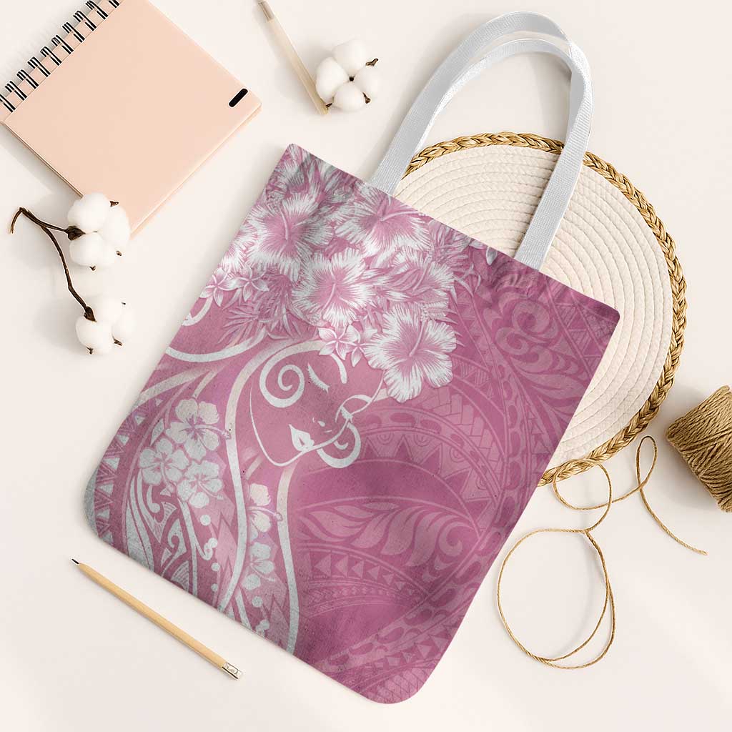 Polynesian Women's Day Tote Bag Pink Hibiscus Flowers With Polynesian Pattern