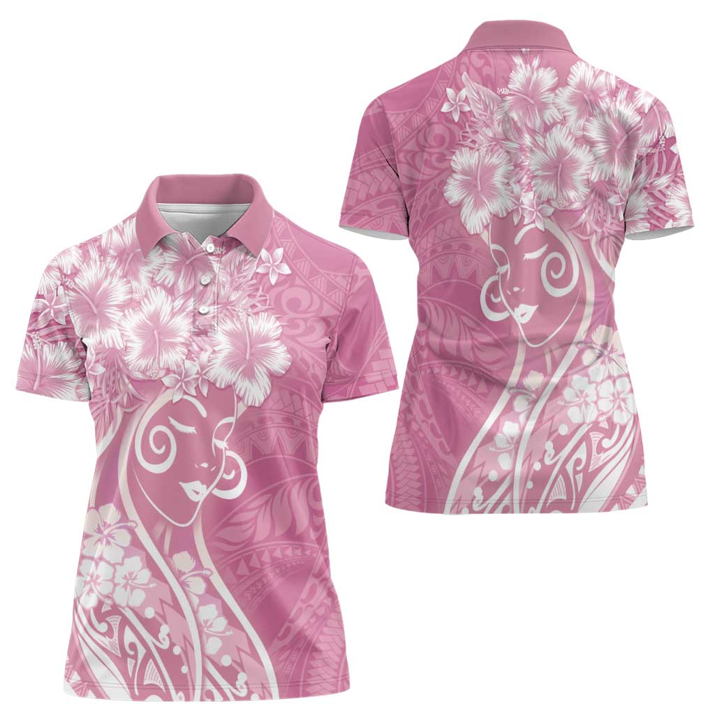 Polynesian Women's Day Women Polo Shirt Pink Hibiscus Flowers With Polynesian Pattern