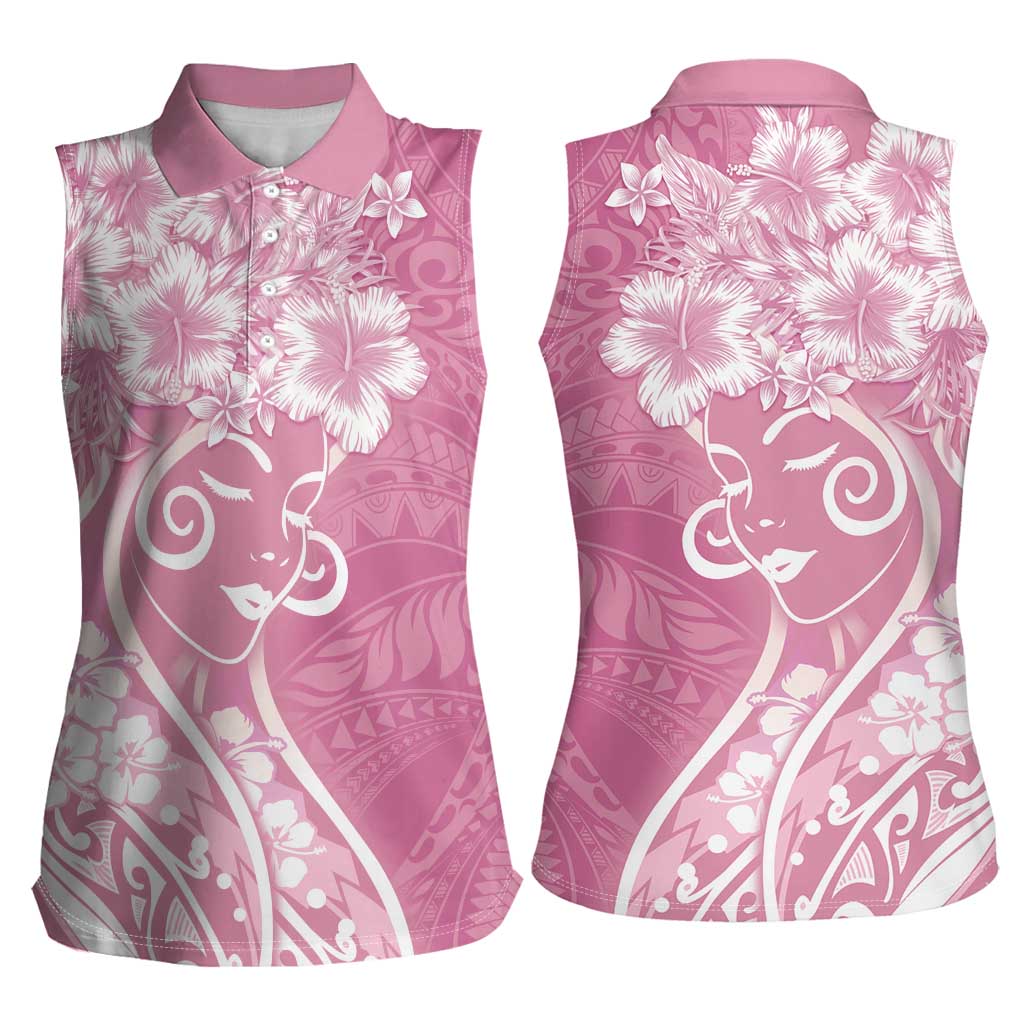 Polynesian Women's Day Women Sleeveless Polo Shirt Pink Hibiscus Flowers With Polynesian Pattern