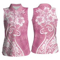 Polynesian Women's Day Women Sleeveless Polo Shirt Pink Hibiscus Flowers With Polynesian Pattern