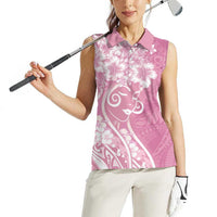 Polynesian Women's Day Women Sleeveless Polo Shirt Pink Hibiscus Flowers With Polynesian Pattern