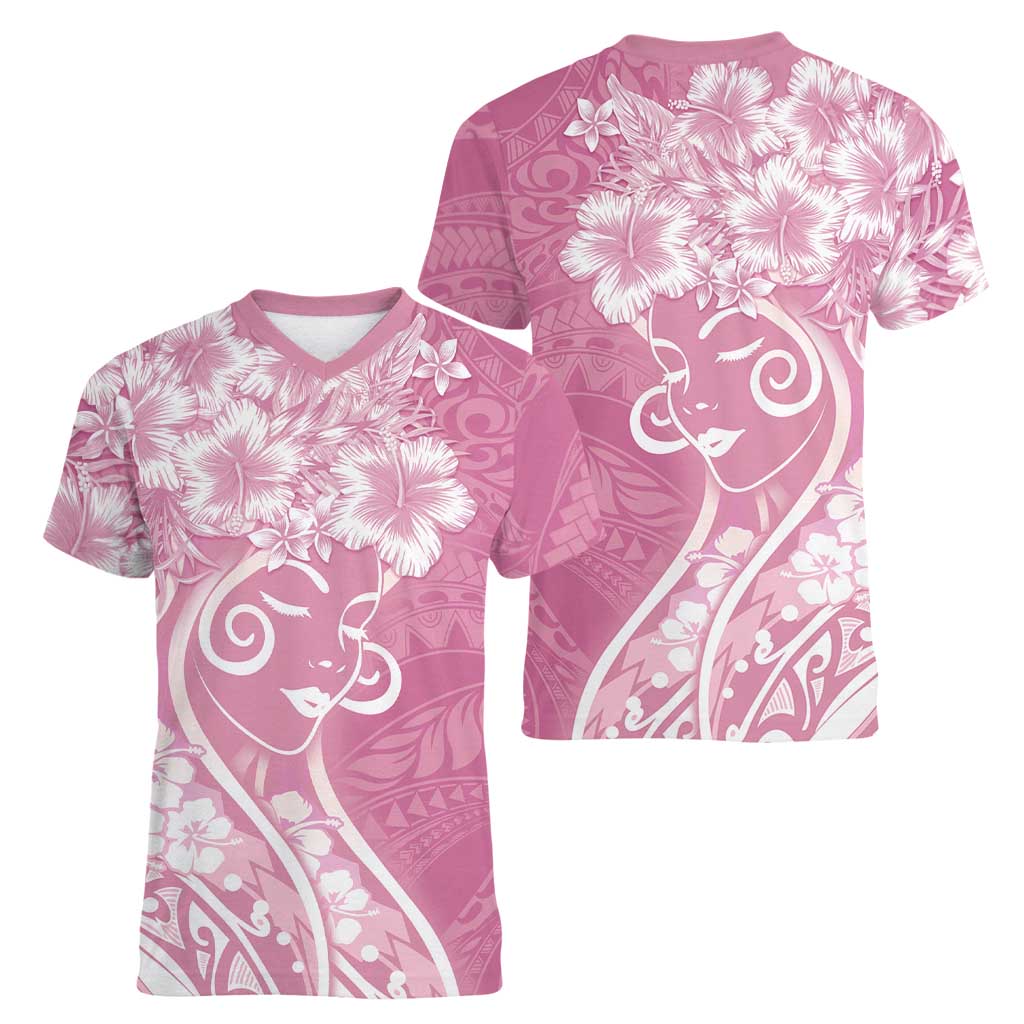 Polynesian Women's Day Women V-Neck T-Shirt Pink Hibiscus Flowers With Polynesian Pattern
