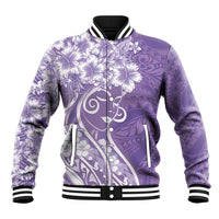 Polynesian Women's Day Baseball Jacket Purple Hibiscus Flowers With Polynesian Pattern