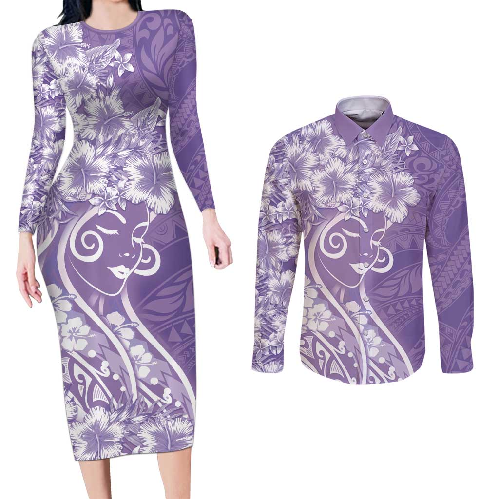 Polynesian Women's Day Couples Matching Long Sleeve Bodycon Dress and Long Sleeve Button Shirt Purple Hibiscus Flowers With Polynesian Pattern LT05 Purple - Polynesian Pride