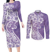 Polynesian Women's Day Couples Matching Long Sleeve Bodycon Dress and Long Sleeve Button Shirt Purple Hibiscus Flowers With Polynesian Pattern LT05 Purple - Polynesian Pride