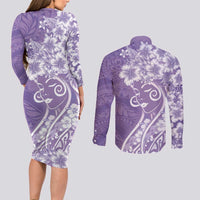 Polynesian Women's Day Couples Matching Long Sleeve Bodycon Dress and Long Sleeve Button Shirt Purple Hibiscus Flowers With Polynesian Pattern LT05 - Polynesian Pride