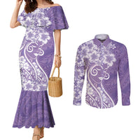 Polynesian Women's Day Couples Matching Mermaid Dress and Long Sleeve Button Shirt Purple Hibiscus Flowers With Polynesian Pattern LT05 Purple - Polynesian Pride