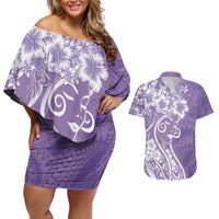 Polynesian Women's Day Couples Matching Off Shoulder Short Dress and Hawaiian Shirt Purple Hibiscus Flowers With Polynesian Pattern LT05 Purple - Polynesian Pride