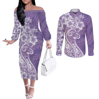 Polynesian Women's Day Couples Matching Off The Shoulder Long Sleeve Dress and Long Sleeve Button Shirt Purple Hibiscus Flowers With Polynesian Pattern LT05 Purple - Polynesian Pride