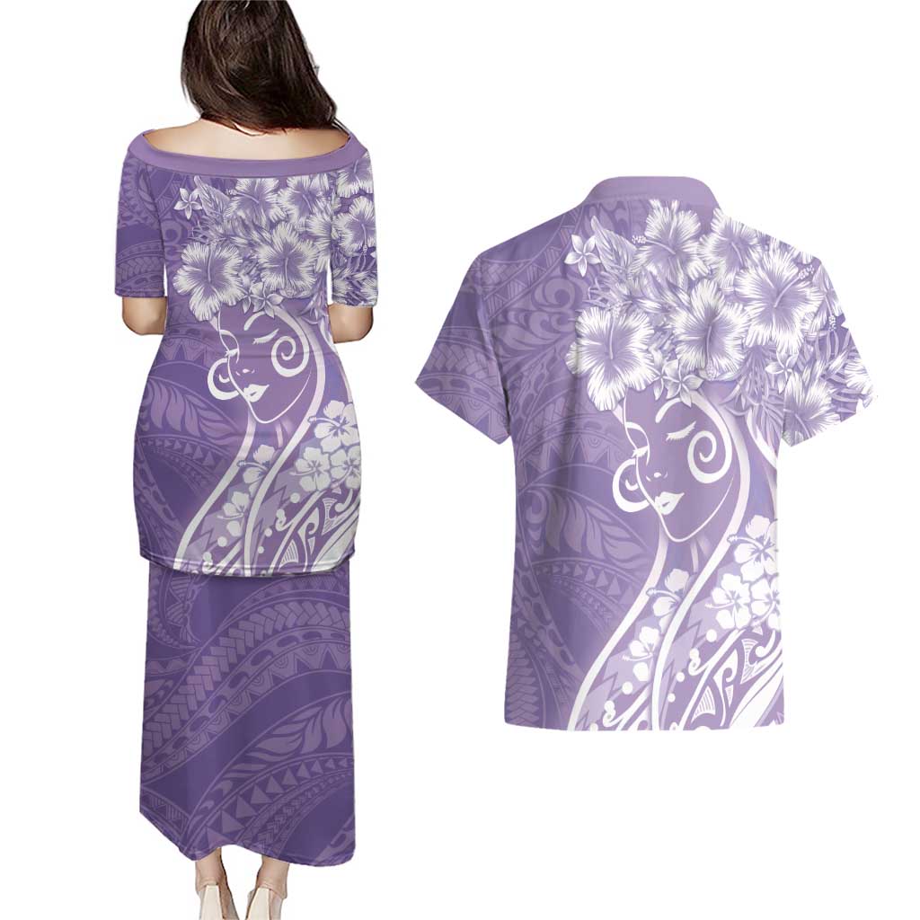 Polynesian Women's Day Couples Matching Puletasi and Hawaiian Shirt Purple Hibiscus Flowers With Polynesian Pattern
