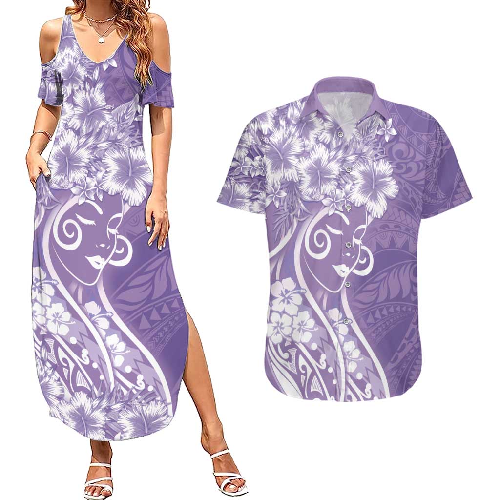 Polynesian Women's Day Couples Matching Summer Maxi Dress and Hawaiian Shirt Purple Hibiscus Flowers With Polynesian Pattern LT05 Purple - Polynesian Pride