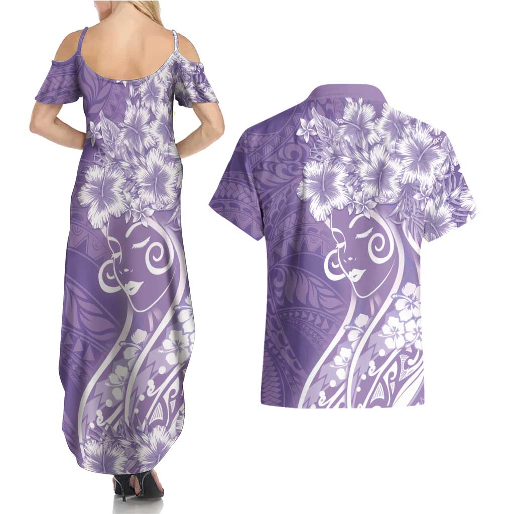 Polynesian Women's Day Couples Matching Summer Maxi Dress and Hawaiian Shirt Purple Hibiscus Flowers With Polynesian Pattern LT05 - Polynesian Pride