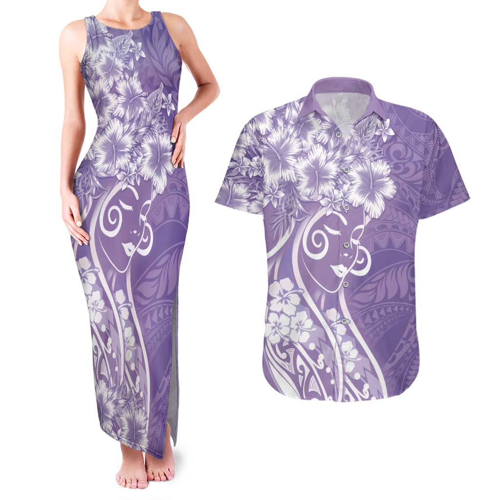 Polynesian Women's Day Couples Matching Tank Maxi Dress and Hawaiian Shirt Purple Hibiscus Flowers With Polynesian Pattern LT05 Purple - Polynesian Pride