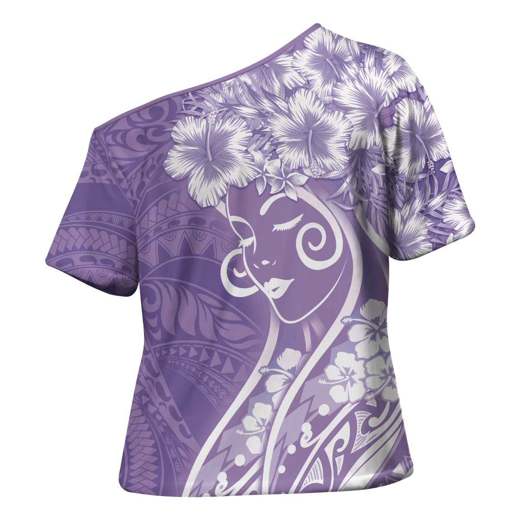Polynesian Women's Day Cross Shoulder Shirt Purple Hibiscus Flowers With Polynesian Pattern
