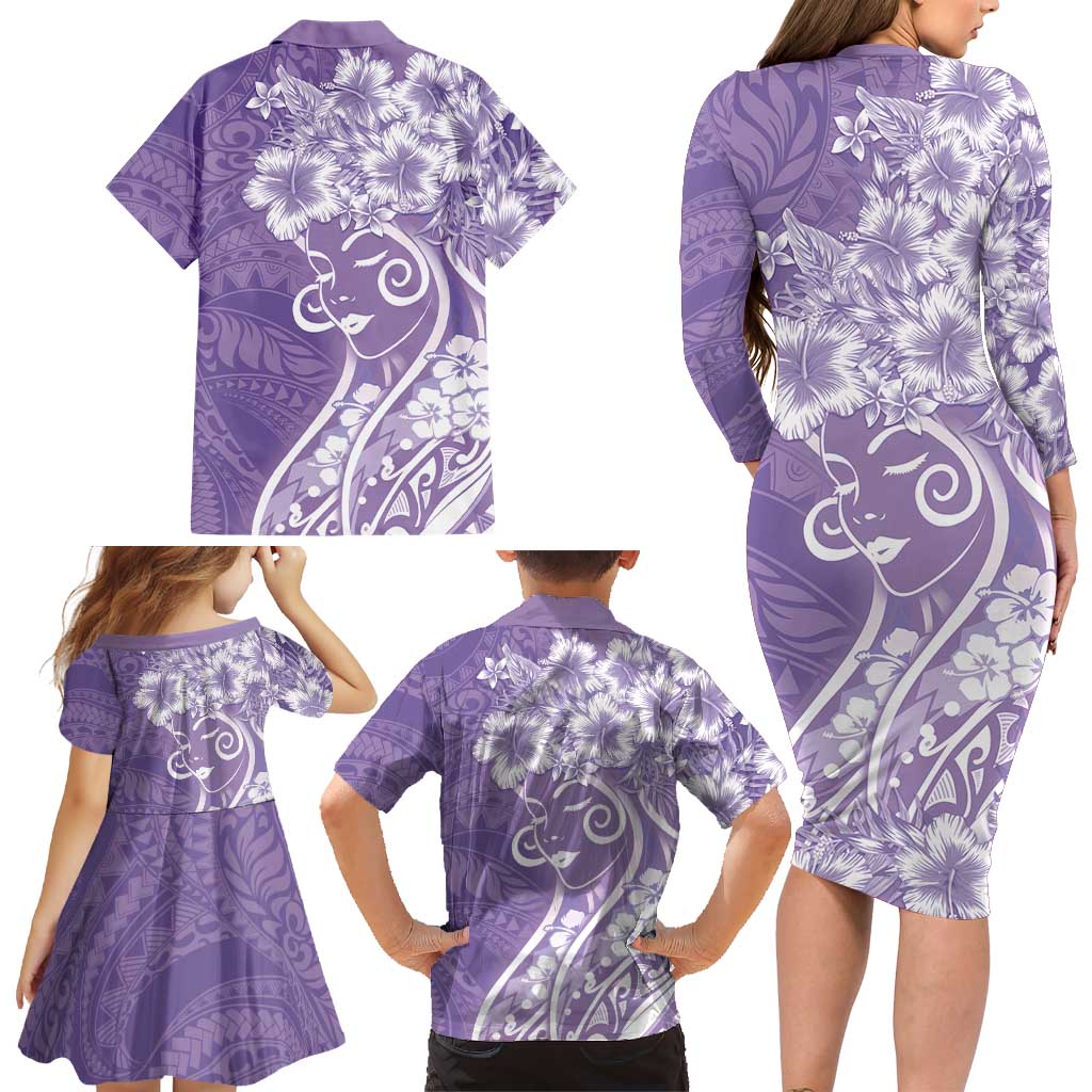 Polynesian Women's Day Family Matching Long Sleeve Bodycon Dress and Hawaiian Shirt Purple Hibiscus Flowers With Polynesian Pattern LT05 - Polynesian Pride