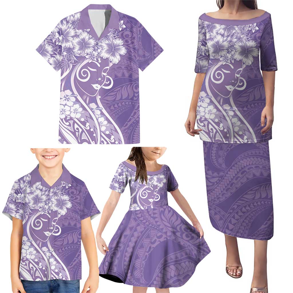 Polynesian Women's Day Family Matching Puletasi and Hawaiian Shirt Purple Hibiscus Flowers With Polynesian Pattern