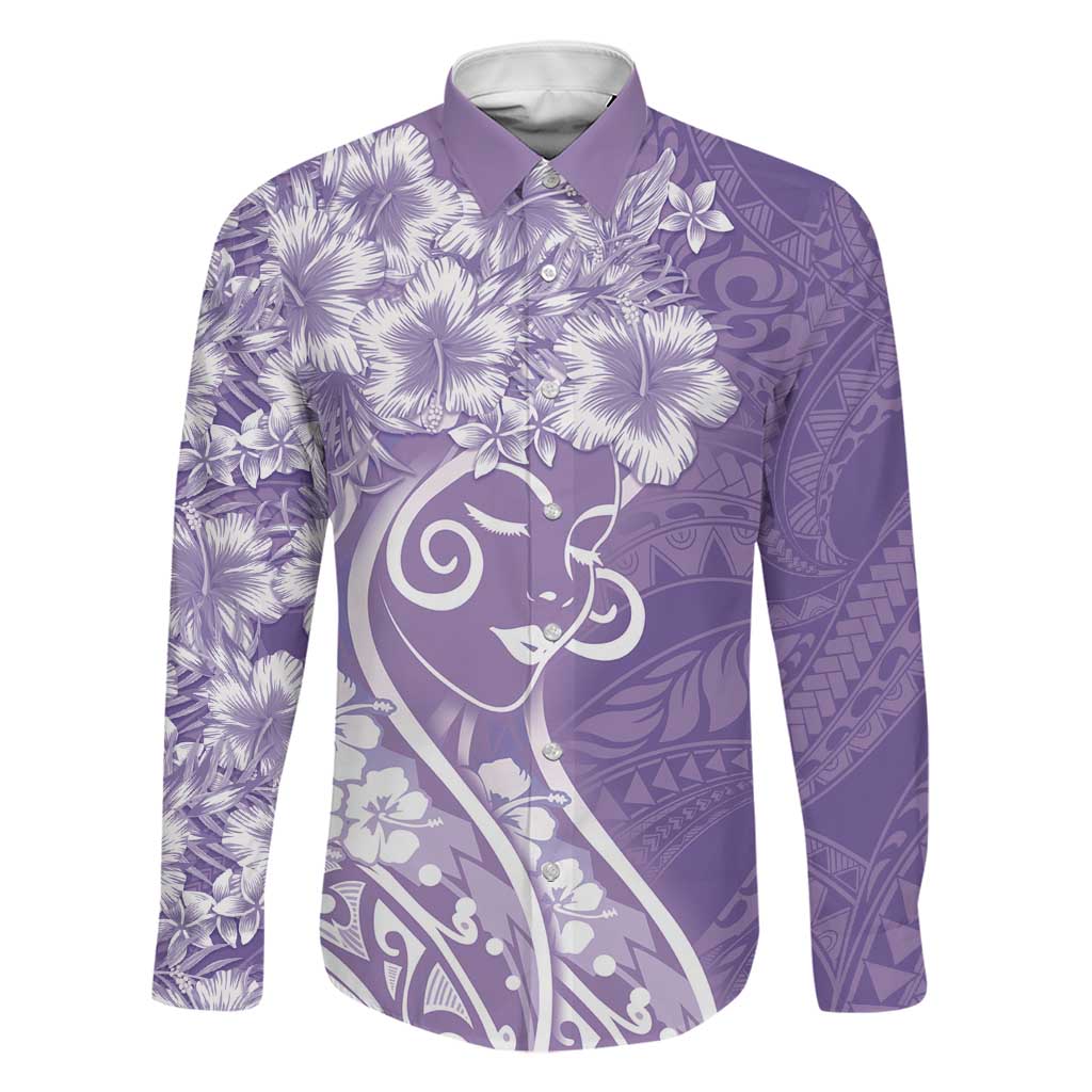 Polynesian Women's Day Family Matching Puletasi and Hawaiian Shirt Purple Hibiscus Flowers With Polynesian Pattern LT05 Dad's Shirt - Long Sleeve Purple - Polynesian Pride
