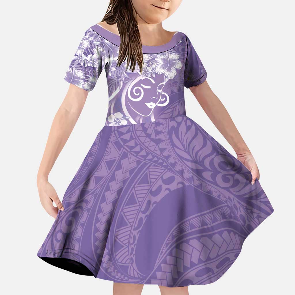 Polynesian Women's Day Family Matching Short Sleeve Bodycon Dress and Hawaiian Shirt Purple Hibiscus Flowers With Polynesian Pattern LT05 Daughter's Dress Purple - Polynesian Pride