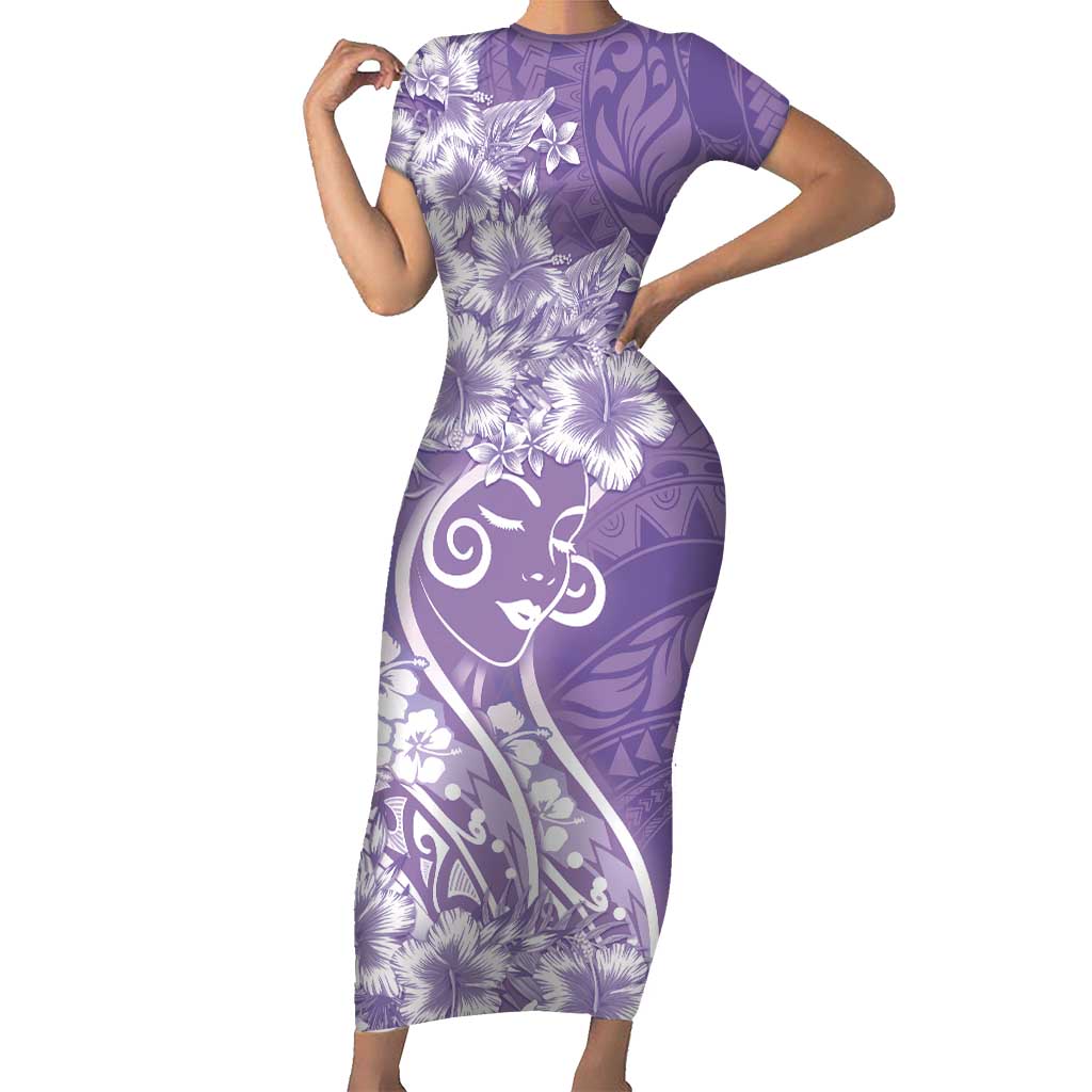 Polynesian Women's Day Family Matching Short Sleeve Bodycon Dress and Hawaiian Shirt Purple Hibiscus Flowers With Polynesian Pattern LT05 Mom's Dress Purple - Polynesian Pride