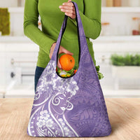 Polynesian Women's Day Grocery Bag Purple Hibiscus Flowers With Polynesian Pattern