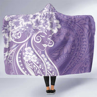 Polynesian Women's Day Hooded Blanket Purple Hibiscus Flowers With Polynesian Pattern