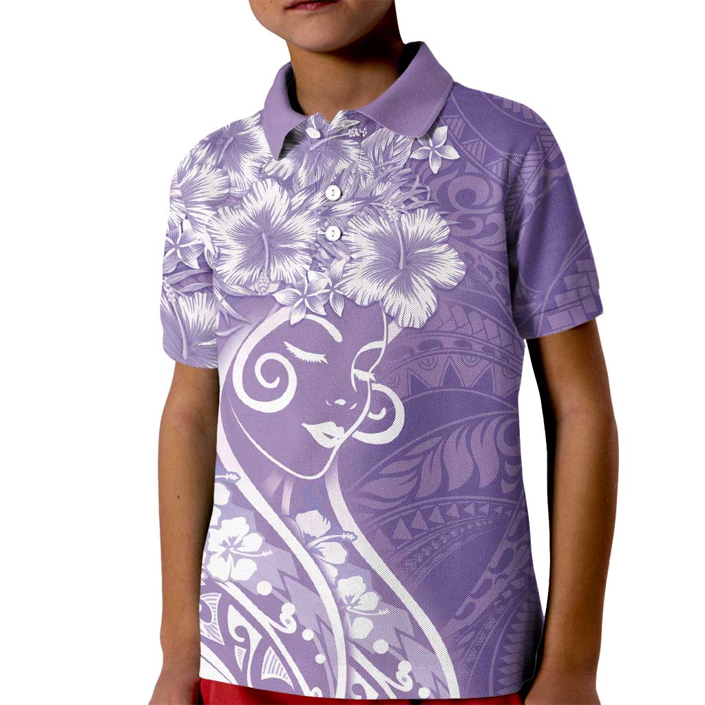 Polynesian Women's Day Kid Polo Shirt Purple Hibiscus Flowers With Polynesian Pattern