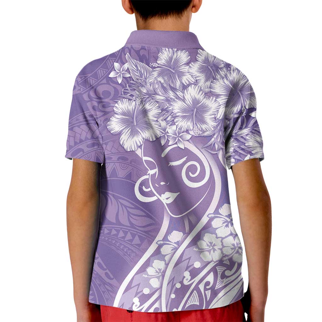 Polynesian Women's Day Kid Polo Shirt Purple Hibiscus Flowers With Polynesian Pattern